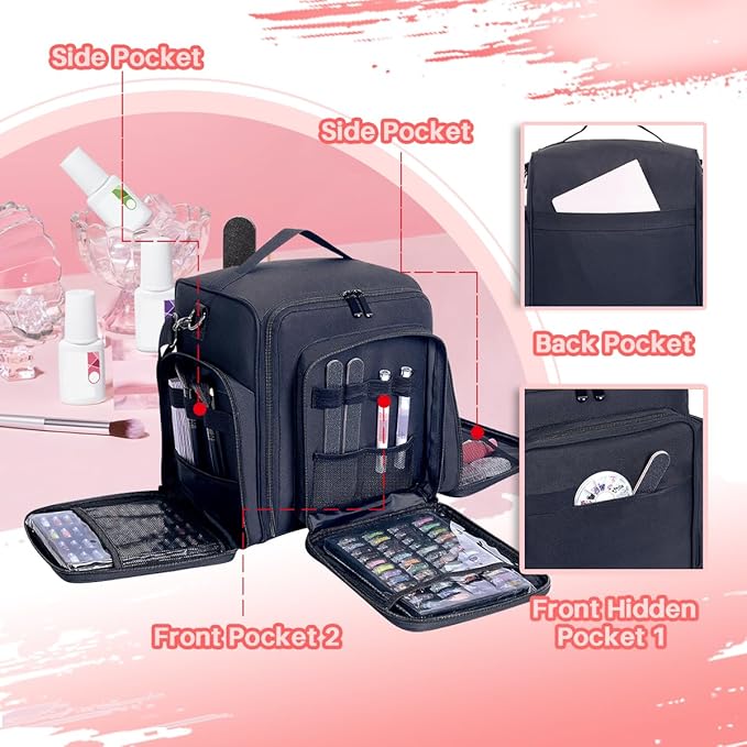 UOZL Nail Polish Organizer Case Hold 90 Bottles with 3 Detachable Bag,Black