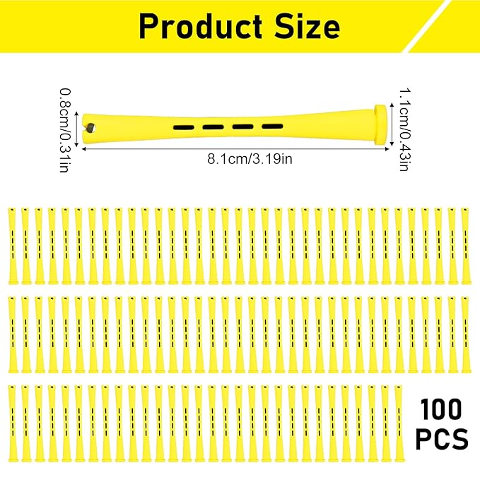 100Pcs Yellow Perm Rods for Natural Hair, Small Cold Wave Rods for Tight Curls, 0.32 Inch Non-Slip Plastic Hair Rollers for Short Hair, Professional Salon Curler Tool with Rubber Band, Bulk Pack
