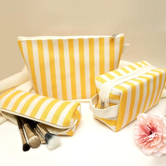 Beayuva 3 Pcs Makeup Bag Set Striped Canvas Purse Cosmetic Bag For Women Travel Toiletry Pouch Organizer pencil case (Yellow-White)