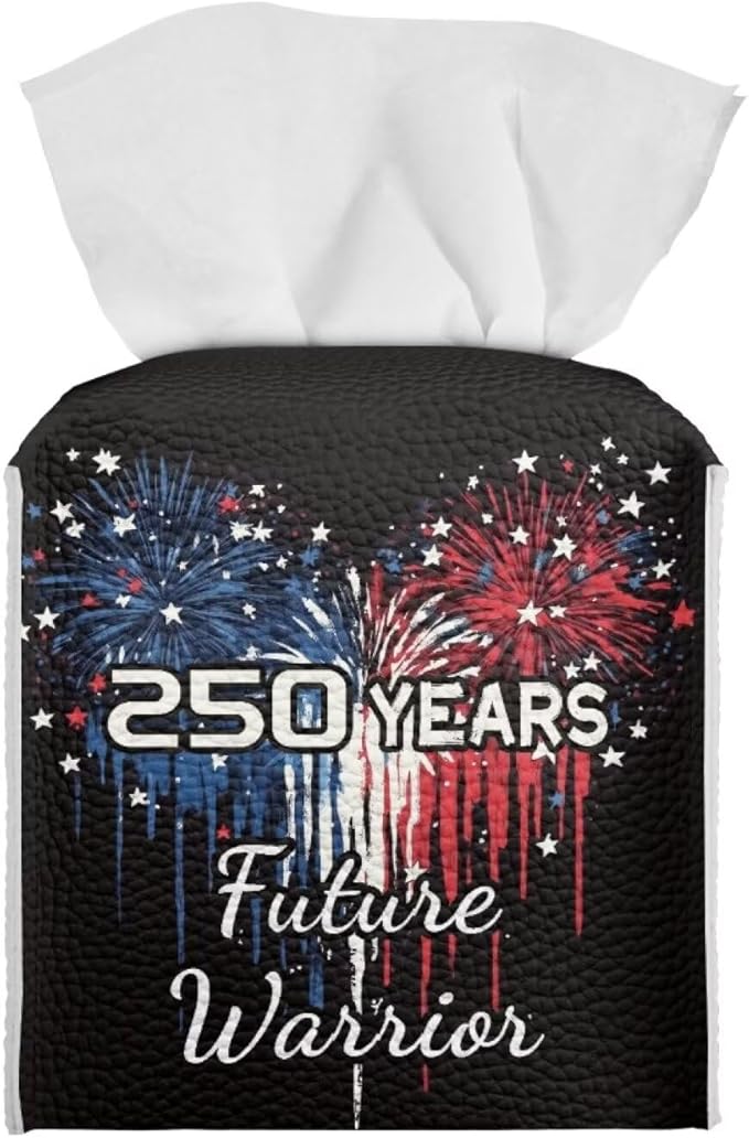 250 Years Liberty Tissue Box Holder Square PU Leather Tissue Organizer Case with Metal Button Waterproof Napkin Holder for Home Office Car Automotive Decor