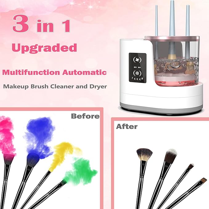 AOOFCMLLC Makeup Brush Cleaner 3 in 1 Electric Makeup Brush Cleaner and Dryer, Automatic Brush Cleaner Machine with Multi-Hour Drying Settings, Portable Design for All Makeup Brush Types