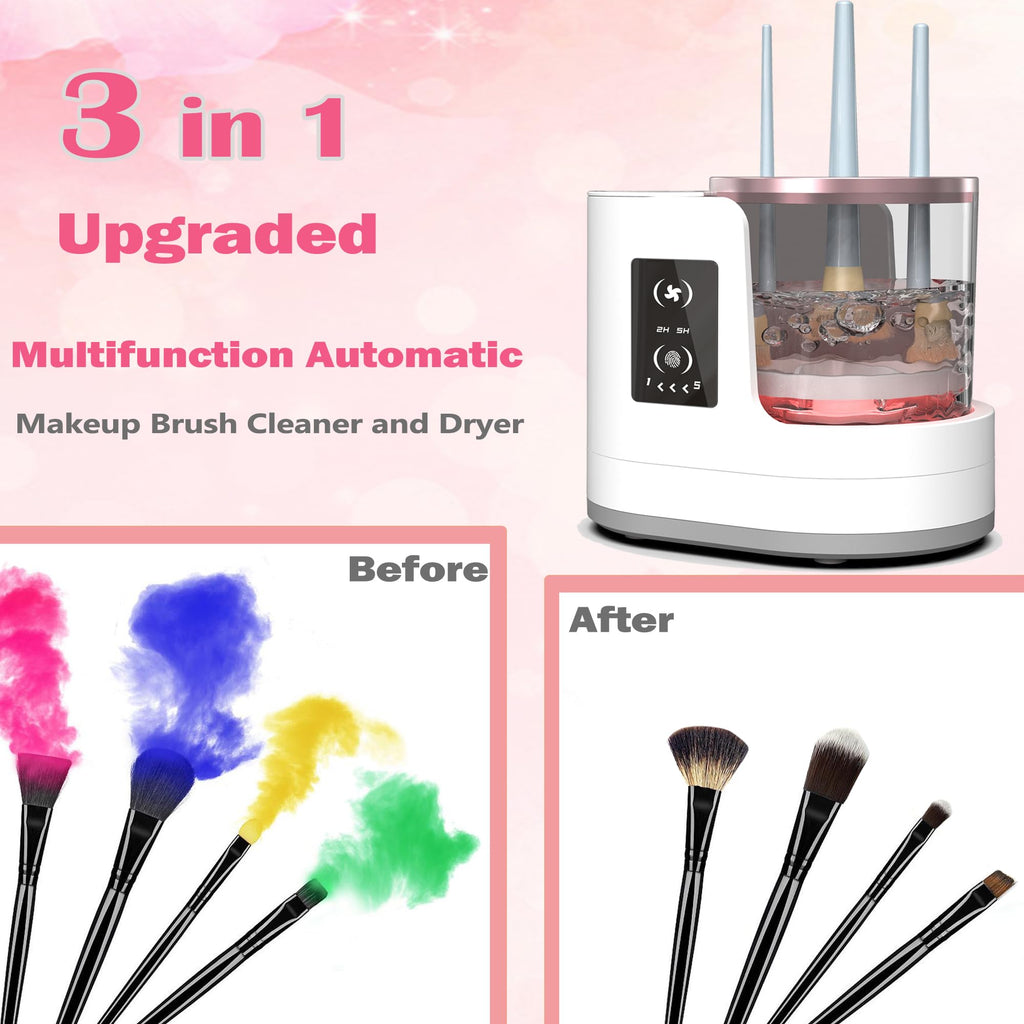 AOOFCMLLC Makeup Brush Cleaner 3 in 1 Electric Makeup Brush Cleaner and Dryer, Automatic Brush Cleaner Machine with Multi-Hour Drying Settings, Portable Design for All Makeup Brush Types
