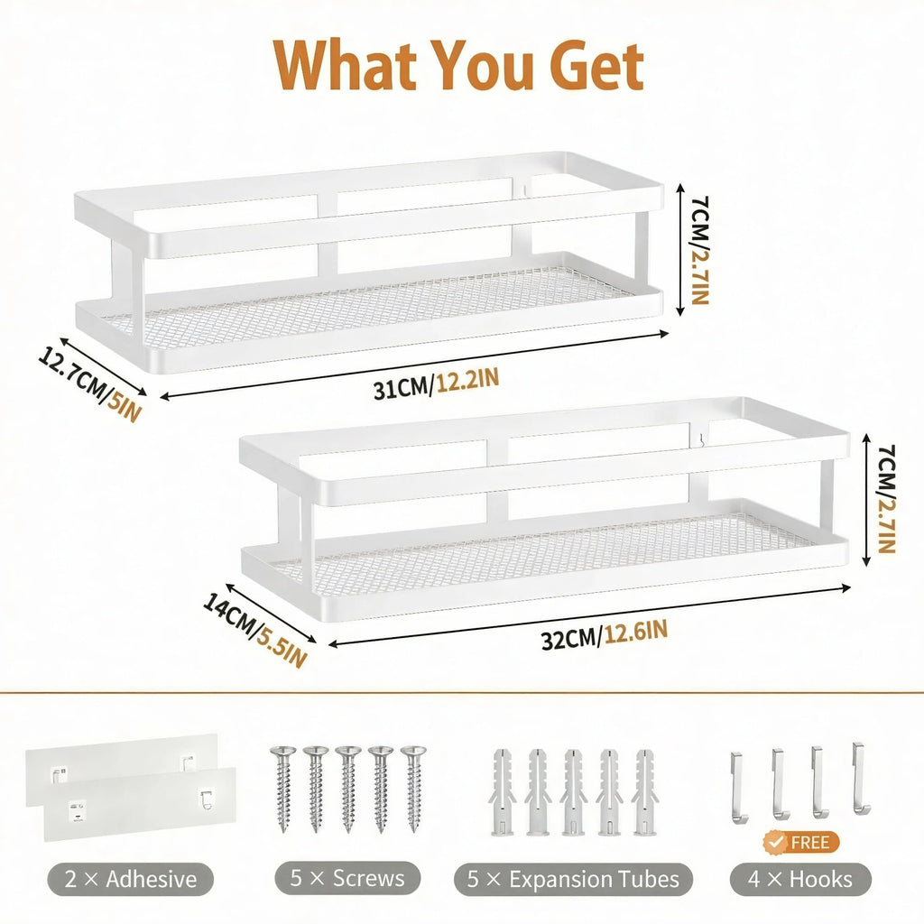 PUSDON 2-Pack Minimalist Shower Caddy Wall Mount, Open Frame Bathroom Shelf Organizer with Mesh Base, Rustproof Floating Spice Rack for Kitchen, Holds 50 LBS, 4 Hooks - White, Guardrail