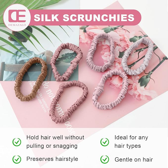 6Pcs Silk Hair Ties Small 22 Momme 100% Pure Mulberry Silk Scrunchies for Women Girls Thin Skinny Hair Sleep Scrunchies No Damage(Color 13)