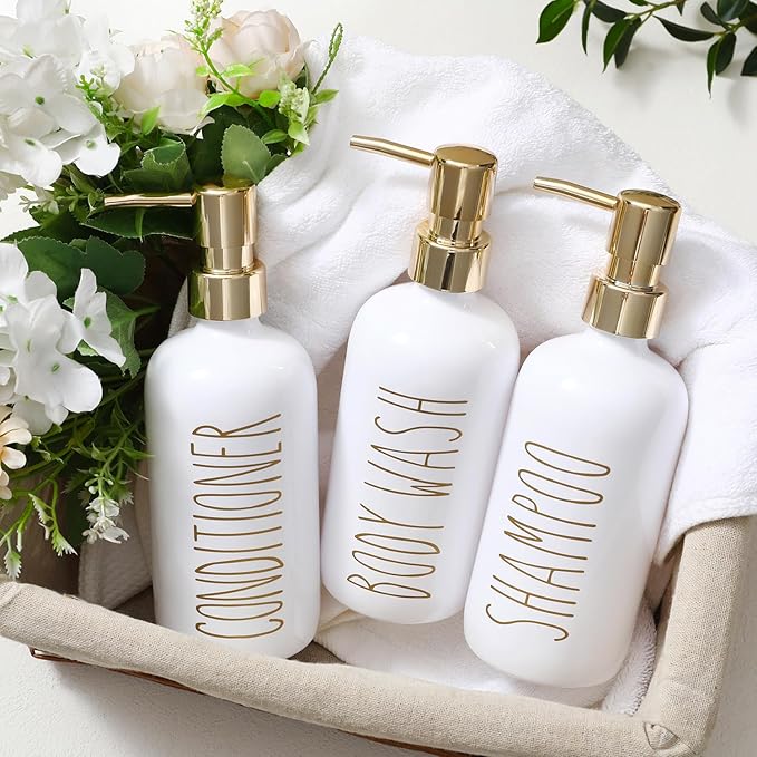 HOMCDALY Shampoo and Conditioner Dispenser Set of 3, 21oz Shower Soap Bottles with Pump, Refillable Shampoo Conditioner Body Wash Dispenser, Bathroom Shower Shampoo Bottles, Shampoo Container(P-Gold)