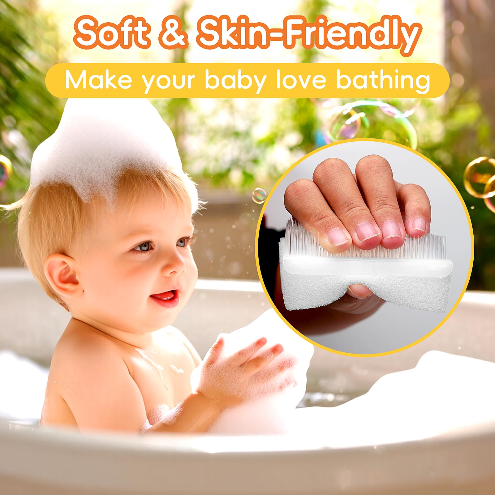 Cradle Cap Brush for Babies, Set of 5 Baby Bath Essentials with Bath Sponge Silicone Scrubber Long Handle Comb for Newborns Toddlers Boys Girls (Orange)