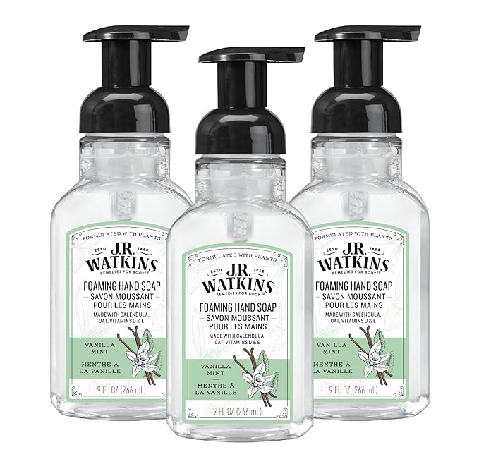 J.R. Watkins Foaming Hand Soap Pump with Dispenser, Moisturizing Hand Soap Foam, Alcohol-Free and Cruelty-Free, Use for Kitchen or Bathroom, Menthe a la Vanille/Vanilla Mint, 9 fl oz, 3 Pack