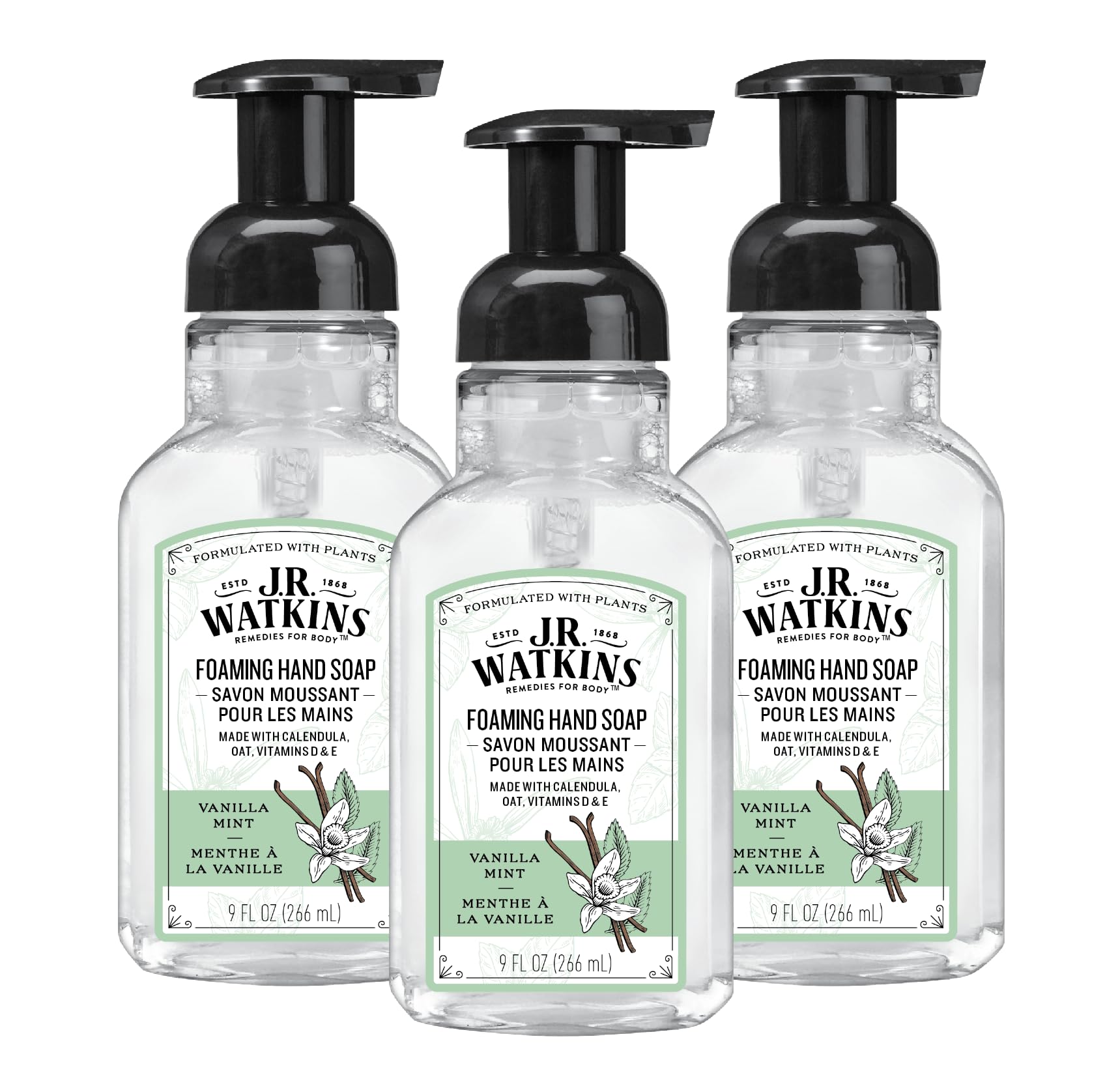 J.R. Watkins Foam Hand Soap Dispenser 3 Pack, Vanilla Mint, 9 fl oz