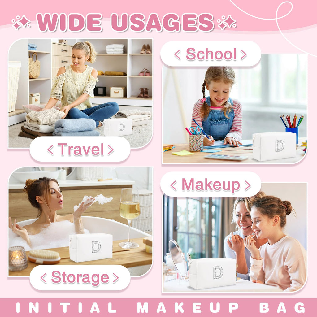 Bride Gifts – Personalized Initial Makeup Bag with Pearl Rhinestone Patch, Preppy White Monogram Cosmetic/Toiletry Pouch, bridesmaid Gifts, Bridal Shower Gifts, Wedding Gifts, Bridal Gifts,D