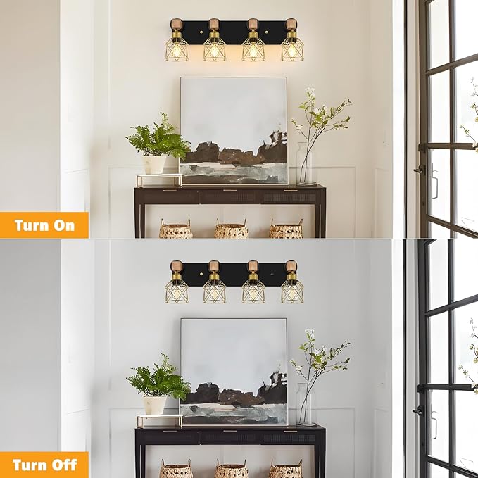 FadimiKoo Farmhouse Bathroom Vanity Light Fixtures, 4-Light Wood Bathroom Lighting Over Mirror, Rustic Black Gold Sconces Wall Lighting with Metal Lampshade for Living Room, Bedroom, Hallway