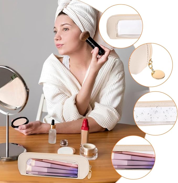 Psyqtsuary Small Clear Makeup Bag, PU Leather Travel Makeup Brush Case Portable Transparent Waterproof Cosmetic Organizer Pouch with Zipper for Women Home Travel Office Cosmetic Storage (Beige)