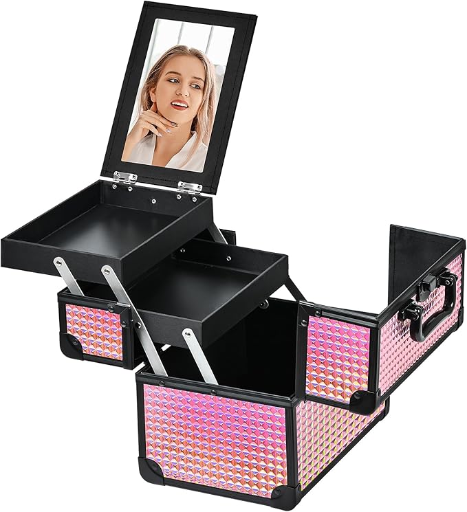 GALHUBIS Makeup Case Organizer,Makeup Train Case, Trays Cosmetic Box Portable, Profesional for Salon Barber,Black Bright Pink