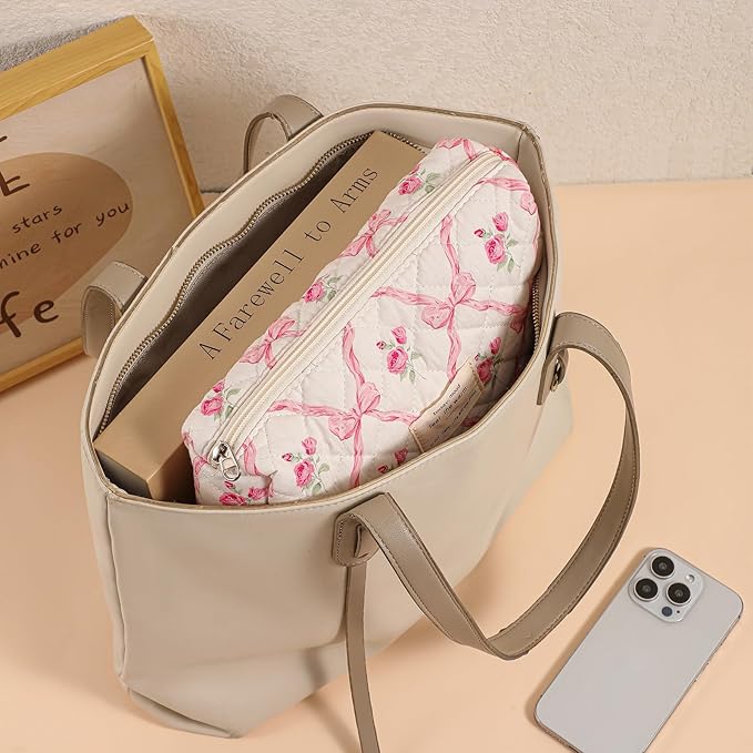 uekeboag 3Pcs Large Travel Quilted Makeup Bag for Women, Floral Cotton Cosmetic Bag, Coquette Aesthetic Floral Toiletry Organizer Bag(3Pcs PinkBow