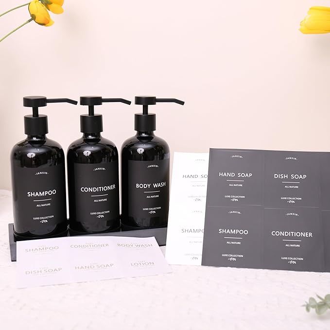 Janxin Shampoo and Conditioner Dispenser Set of 3,Refillable 21oz Shampoo Bottles with Non-Slip Protective Silicone Pad,Shower Soap Dispenser with Waterproof Labels for Bathroom (Black)