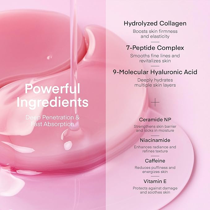 TEREZ & HONOR Peptide Collagen Under Eye Patches - 60 Korean Firming, Glowing & Hydrating Hydrogel Mask for Puffy Eyes, Dark Circles, Wrinkles, Fine Lines, Undereye Bags - Anti-Aging Eye Gel Pads