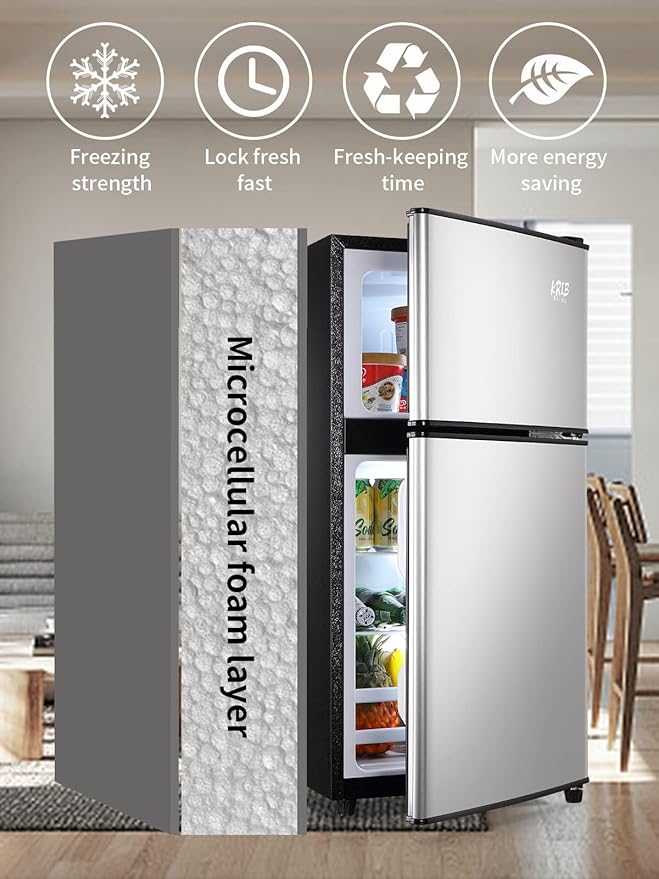 KRIB BLING Mini Fridge, 3.5 Cu.Ft Compact Refrigerator Small Refrigerator 7 Level Adjustable Thermostat Removable Shelves with Stainless Steel 2 door for Office Dorm Apartment Silver