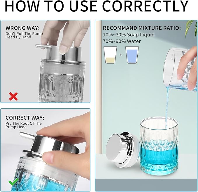 PLOUTA HOME Foaming Soap Dispenser,Clear Glass Foam Hand Soap Dispenser for Bathroom, Refillable 8 Fl Oz Foamy Pump Bottle with Large Sliver Pump, Modern Diamond Dish Soap Foam Dispenser Container