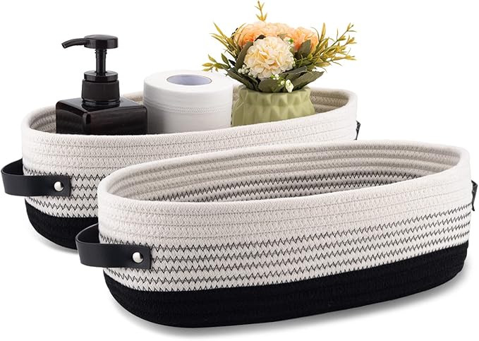 Oradrem 2 Pack Cotton Rope Toilet Basket Bathroom Decor Baskets, Toilet Paper Holder Basket, Farmhouse Home Decor Organizing 13"x5.9"x4" Black