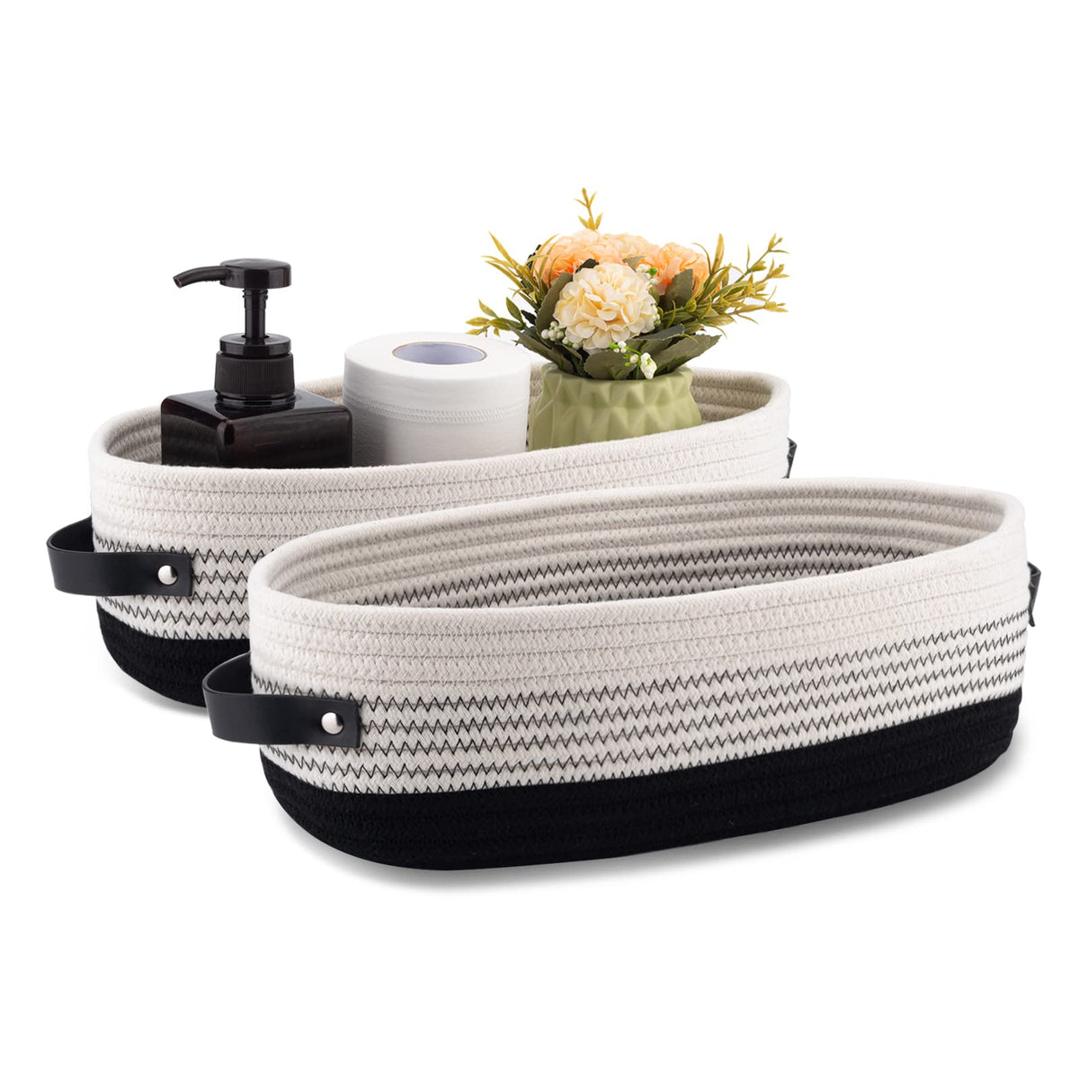 Oradrem Cotton Rope Toilet Paper Holder Basket with Handle, Home Decor Organizing Small Baskets, Nursery Basket 13"x5.9"x4" Dark Gray