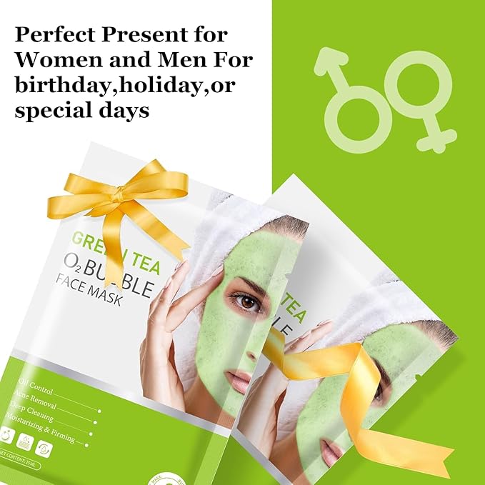 IREV 10 Pack Green Tea O2 Bubble Face Masks Sheet, Bubble Facial Mask, Foaming Face Mask, Purifying Facial Mask for Acne and Pores, Moisturizing Spa Face Masks Skincare, Brightening Beauty Masks