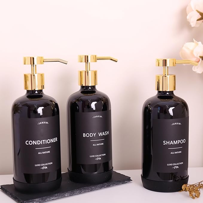 Janxin Shampoo and Conditioner Dispenser Set of 3,Refillable 21oz Shampoo Bottles with Non-Slip Protective Silicone Pad,Shower Soap Dispenser with Waterproof Labels for Bathroom (Black)