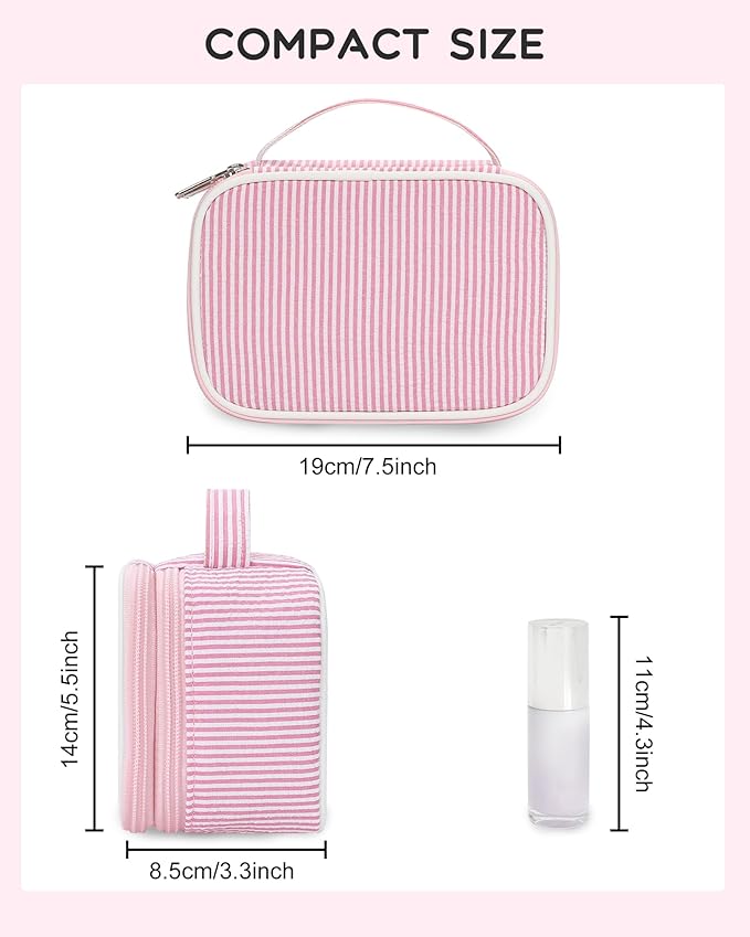 Relavel Travel Makeup Bag, Small Pink Cosmetic Bag with 2 Makeup Brush Holders, Portable Compact Makeup Pouch for Women, Cute Toiletry Bag with Double Layer Organizer, Pink Strip
