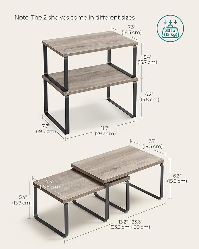 SONGMICS Cabinet Organizer Shelf, Set of 2 Kitchen Counter Shelves, Kitchen Storage, Spice Rack, Stackable, Expandable, Metal and Engineered Wood, 11.7 Inches, Ink Black and Heather Greige UKCS020X02