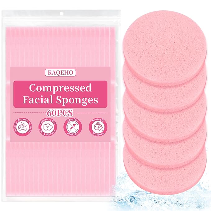 RAQEHO 60pcs Compressed Facial Sponges - Round Face Sponge Disposable Travel Facial Cleansing Pads Makeup Sponge for Face Wash Exfoliating Remover Skin Care Beauty Tool Esthetician Essential（Pink）