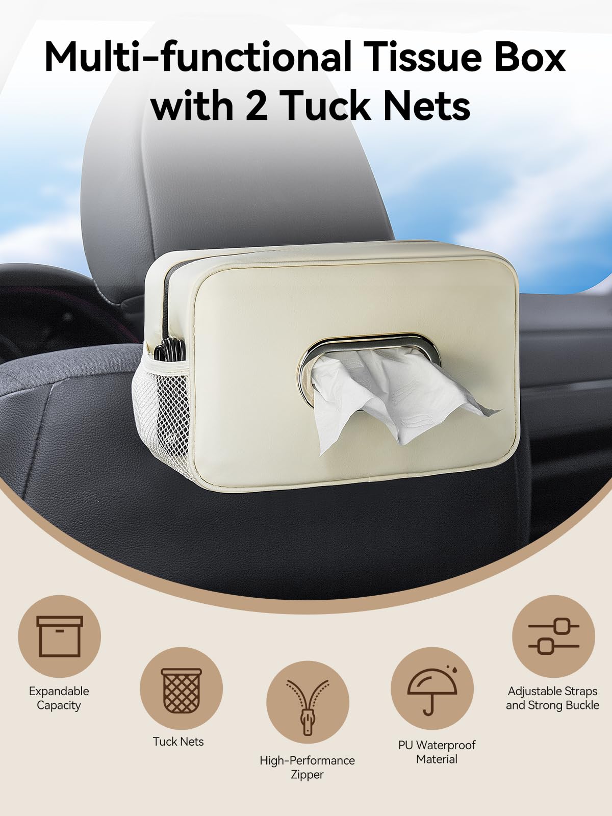Multi-Functional Car Tissue Holder with ‌2 Storage Nets, Tissue Box Cover