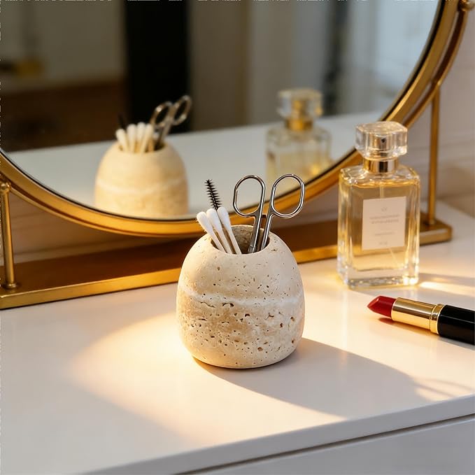SIRIZEN-DIVING Travertine Toothpick Holder, Small Stone Cup Organizer