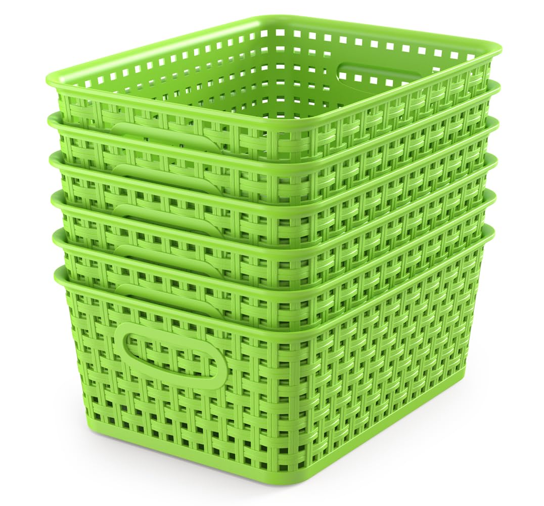 WYT 6-Pack Plastic Small Shelf Storage Weave Baskets Organizing for Cabinets and Pantries, Sky Blue