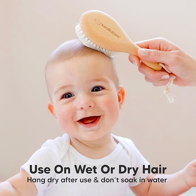 Wooden Baby Hair Brush - Cradle Cap Baby Brush with Soft Goat Bristles, Perfect Gentle Scalp Newborn Comb for Infant, Girls, Boys, Bath Essentials (Walnut, Petite)