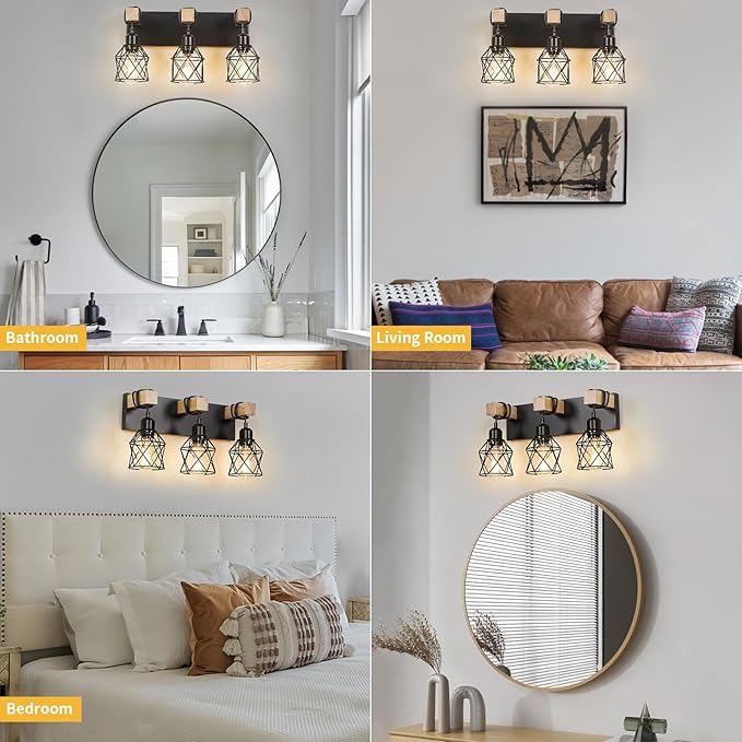 3-Light Farmhouse Bathroom Vanity Light with Wood & Matte Black Metal, Wall Sconce for Mirror, Bedroom, Hallway