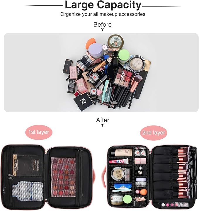 Relavel Makeup Bag Travel Makeup Train Case 13 inches Large Cosmetic Case Professional Portable Makeup Brush Holder Organizer and Storage with Adjustable Dividers and Shoulder Strap (Pink)