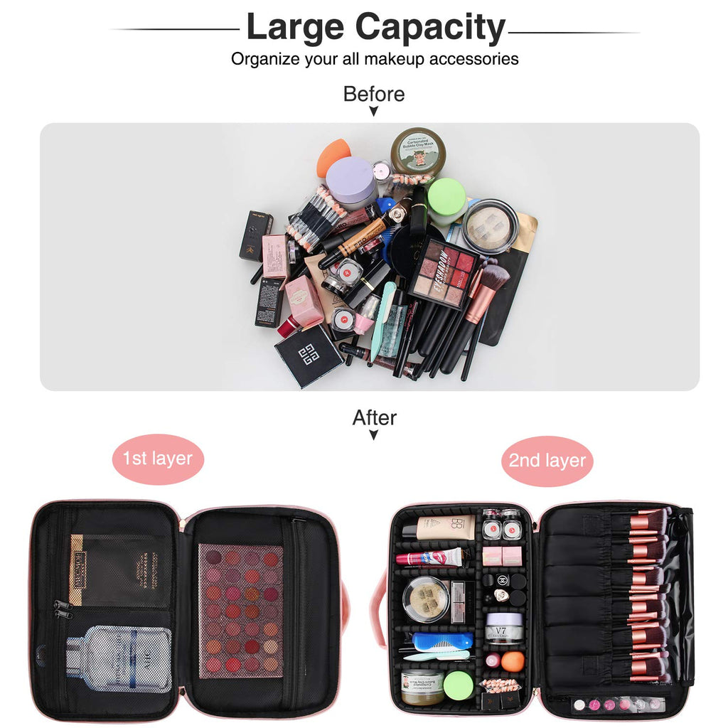 Relavel Makeup Bag Travel Makeup Train Case 13 inches Large Cosmetic Case Professional Portable Makeup Brush Holder Organizer and Storage with Adjustable Dividers and Shoulder Strap (Pink)