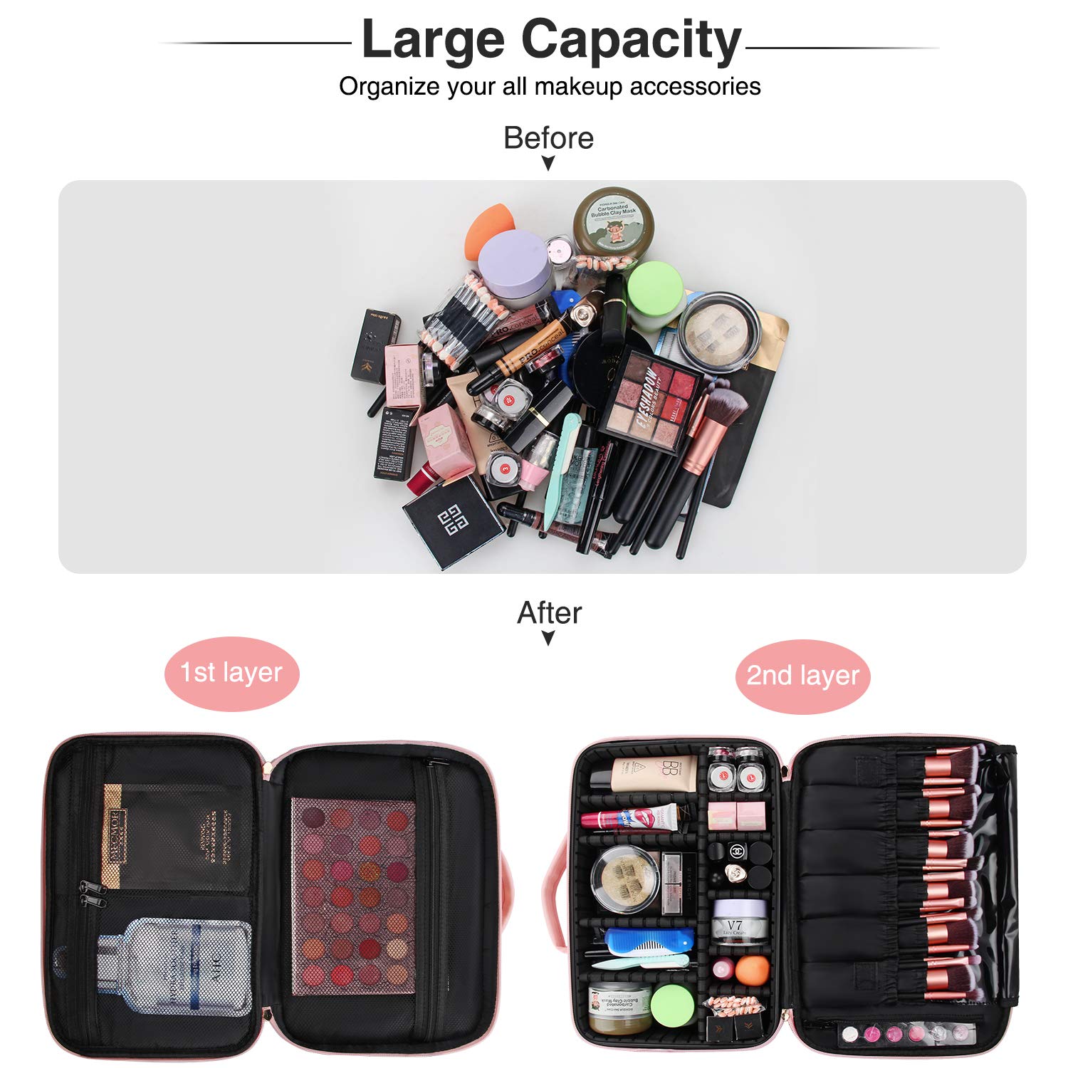 Relavel Makeup Bag Travel Makeup Train Case 13 inches Large Cosmetic Case Professional Portable Makeup Brush Holder Organizer and Storage with Adjustable Dividers and Shoulder Strap (Pink)