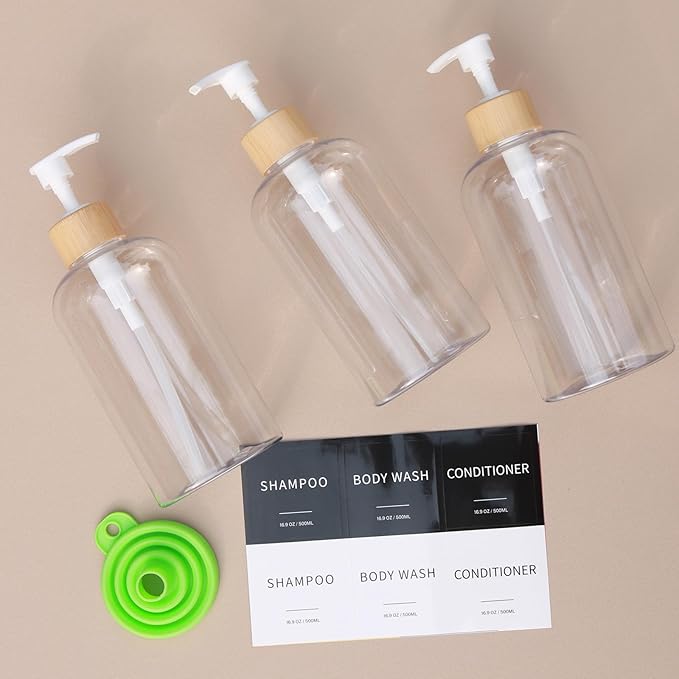Shampoo and Conditioner Dispenser, Refillable Plastic Shampoo Pump Bottles with Waterproof Labels, Empty Body Wash Dispenser Set for Bathroom, Shower Soap Bottles (Clear, Set of 3, 16.9oz)