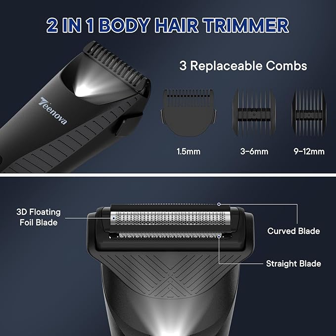TEENOVA Pubic & Body Hair Trimmer for Men, 2 In 1 Electric Ball Groin Razor Shaver with Ceramic Blade, No Nick Mens Grooming Kit for Wet/Dry Use, Cordless Charging Body Groomer with Led Display, Black