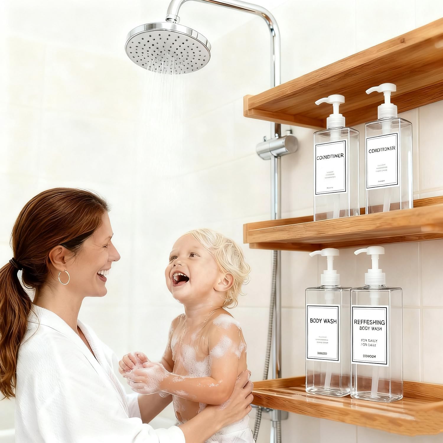 Modern Shampoo and Conditioner Dispenser (21 oz, Pack of 3) Refillable Pump Bottle Set Empty Shower Plastic Bottles with Pump for Bathroom Body Wash Soap and Shower (Clear)