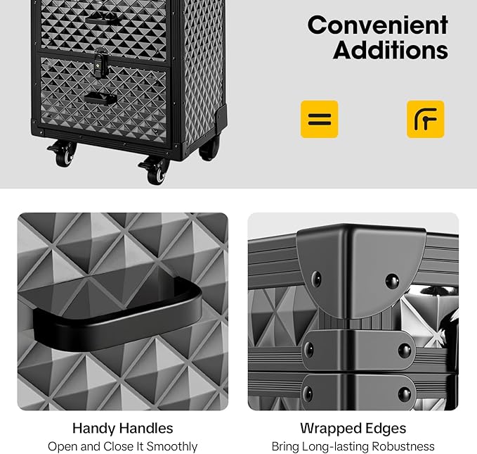 SuiYuLn Lockable Makeup Train Case,33.07lbs Rolling Hairdressing Trolley,Beauty Salon Cosmetic Luggage with Universal Wheels for Hair Stylist,Make-up Artists (Black 3)