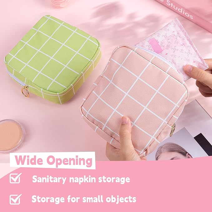 Desing Wish Period Bag Pouch Soft Cloth Sanitary Napkin Storage Bag Portable Menstrual Pad Pouches Tampon Holder for Purse First Period Kit for Girls 9-12 (Red-Blue Check)