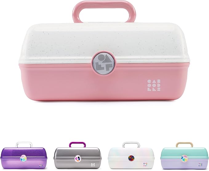 Caboodles School Spirit On-The-Go Girl Makeup Box, Blue Over Orange, Hard Plastic Makeup Organizer Box, Built-In Mirror, Secure Latch for Safe Travel, Spacious Storage for Large Items
