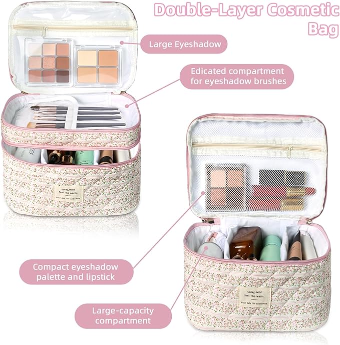 Gosect Makeup Bag, Portable Travel Make up Bag, Large Capacity Quilted Cosmetic Organizer Bag, Cute Floral Toiletry Bag for Women Girls (Pink Flower)