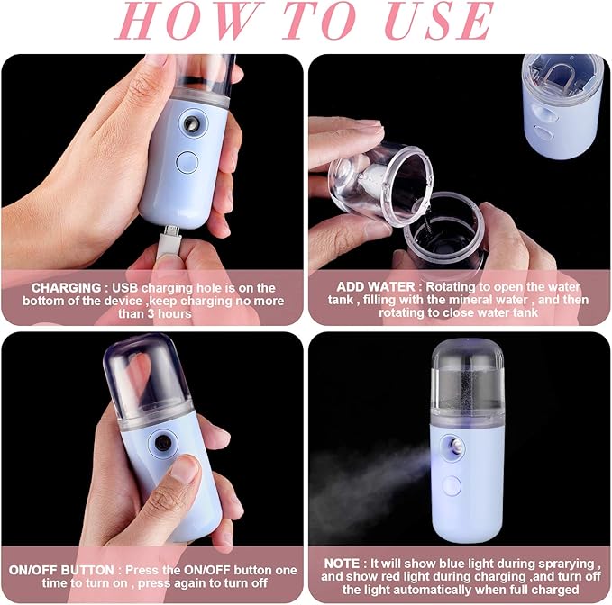 Honoson 2 Pack Nano Facial Mister Spray Bottle Handheld Humidifier Portable Face Mister for Eyelash Extensions USB Rechargeable 1 oz Mini Skin Care Machine for Daily Makeup(Blue and Dark Pink)