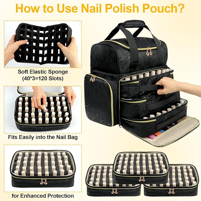 Veirdro Nail Polish Organizer Backpack Holds 130 Bottles (15ml/0.5fl.oz)& Nail Lamp, Extra Large Nail Kit Storage Bag with 3 Removable Carrying Cases, Nail Tech Supplies Organizer Case for Women Black