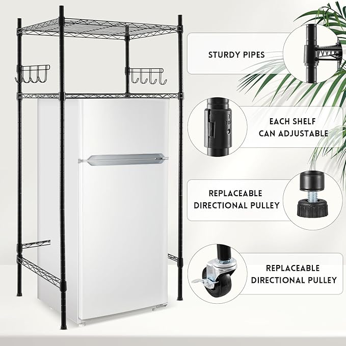 Sararoom Mini Fridge Shelf with Storage, 2-Tier Height Adjustable Mini Fridge Stand, Microwave Stand Multifunctional Rack with 4 Castor Wheel for Dorm Kitchen Office, 52” H x 24” W x 18” D, Black