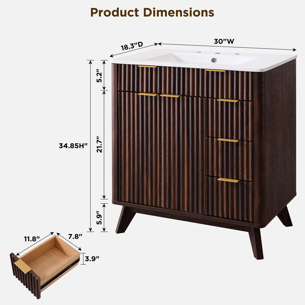 T4TREAM 30" Fluted Bathroom Vanity with Ceramic Sink Combo, Dark Walnut