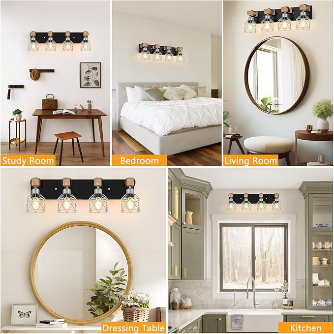 FadimiKoo Farmhouse Vanity Light for Bathroom, 4-Light Rustic Wood Black Bathroom Light Fixtures with Elegant Silver Metal Cage, Vintage Vanity Lights Over Mirror for Living Room Bedroom Hallway