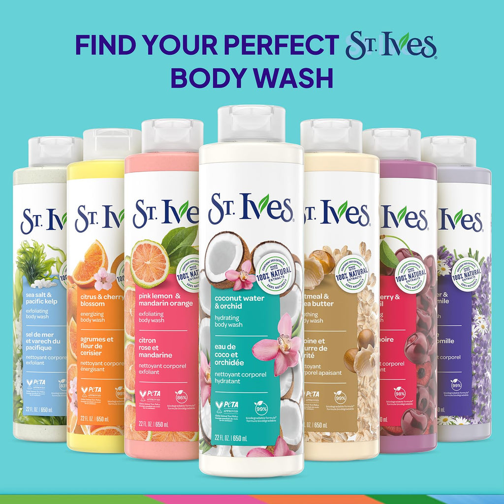 St. Ives Body Wash, Coconut Water & Orchid Hydrating Shower Gel 2-Pack, 100% Natural Extracts, Cruelty-Free, 22 Oz Ea