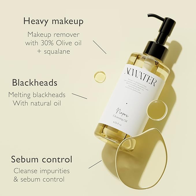 NOWATER Korean Cleansing Oil for Double Cleansing – Makeup Remover & Pore Cleanser with 30% Olive Oil, Tea Tree, Squalane, Blackhead Dissolving Facial Oil for All Skin Types, (6.76 fl.oz)